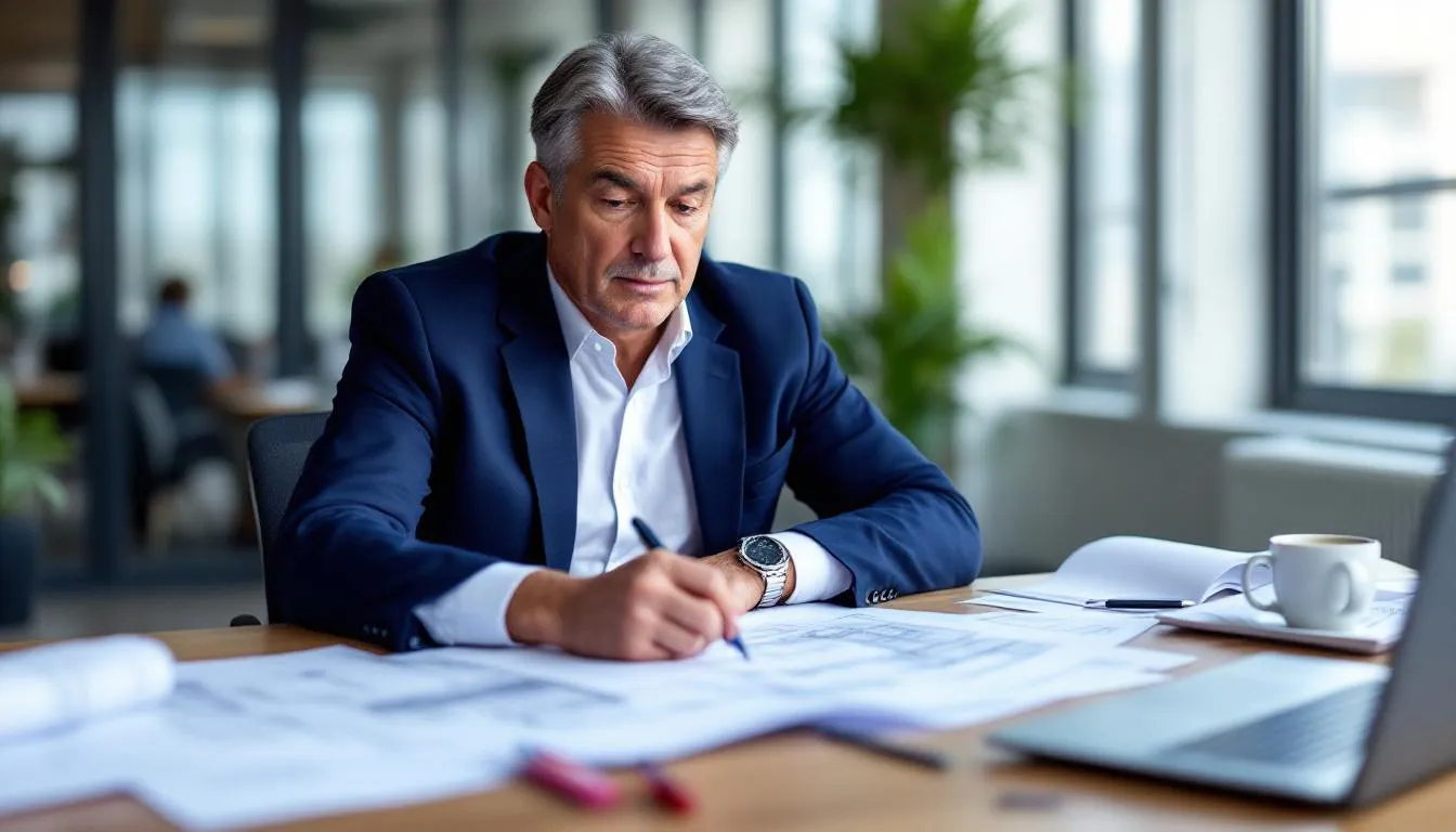 A middle-aged professional, possibly a licensed architect or an architecture student, is intently examining a collection of architectural drawings spread across a desk, showcasing their extensive knowledge and commitment to the industry as they advance their career in architecture. The scene reflects a focused effort to develop new skills and ideas for upcoming projects.