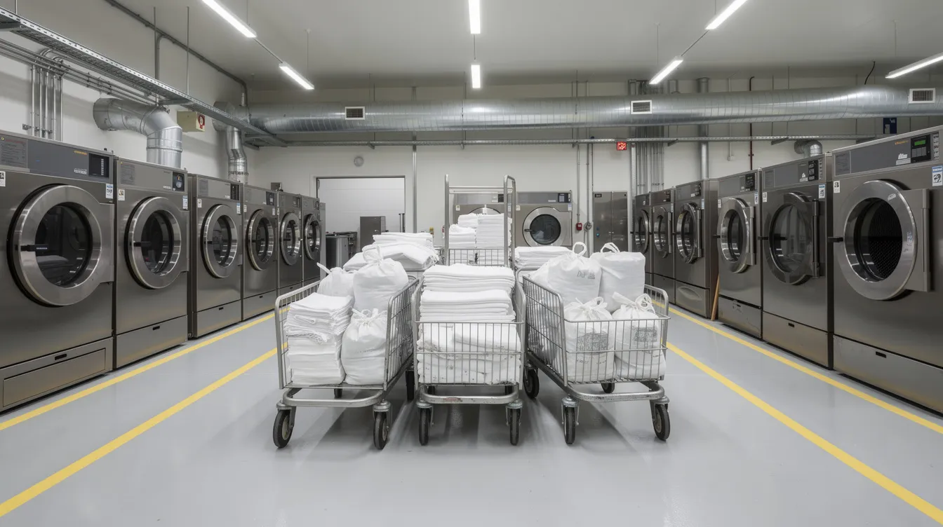 Imagen del interior de una lavandería hospitalaria con equipos de acero inoxidable, incluyendo lavadoras de barrera sanitaria y carros de transporte. Este espacio está diseñado para el lavado eficiente de ropa hospitalaria, garantizando la higiene y la desinfección necesaria para prevenir infecciones.