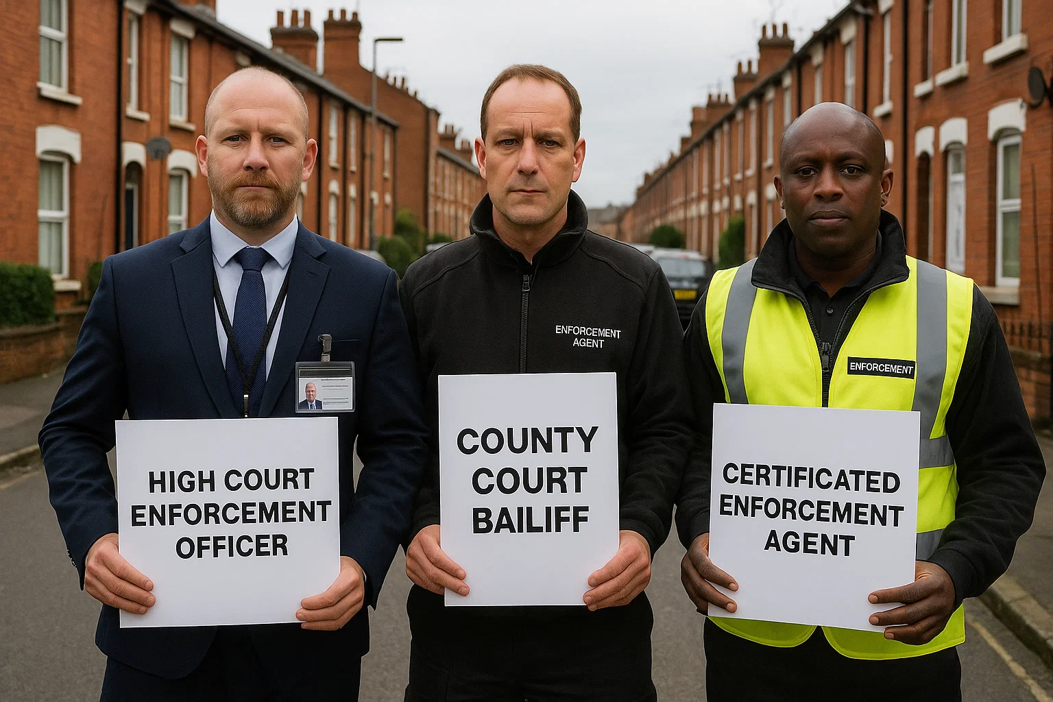 Different types of UK bailiffs shown together: High Court officer, County Court bailiff, and enforcement agent with paperwork.