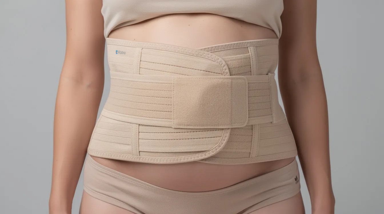 Una persona está usando una faja de compresión abdominal, 15 días después de una abdominoplastia. La faja ajustada ayuda en el proceso de recuperación y cicatrización, mostrando cambios en el contorno del abdomen tras la intervención quirúrgica.