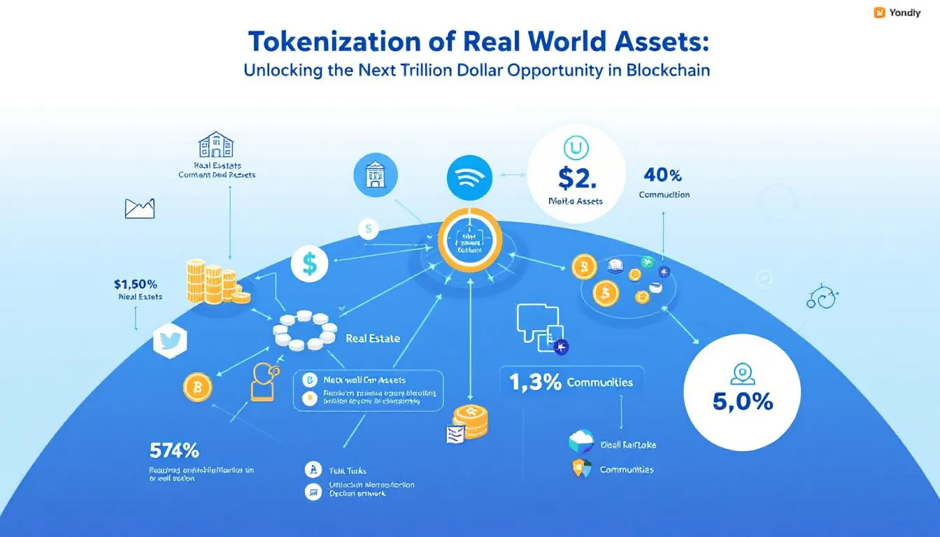 The image illustrates the concept of tokenization of real world assets, showcasing various digital tokens representing physical and financial assets. It highlights the potential of blockchain technology to unlock a trillion dollar opportunity in asset management, enabling fractional ownership and enhancing access to previously illiquid assets in the financial markets.