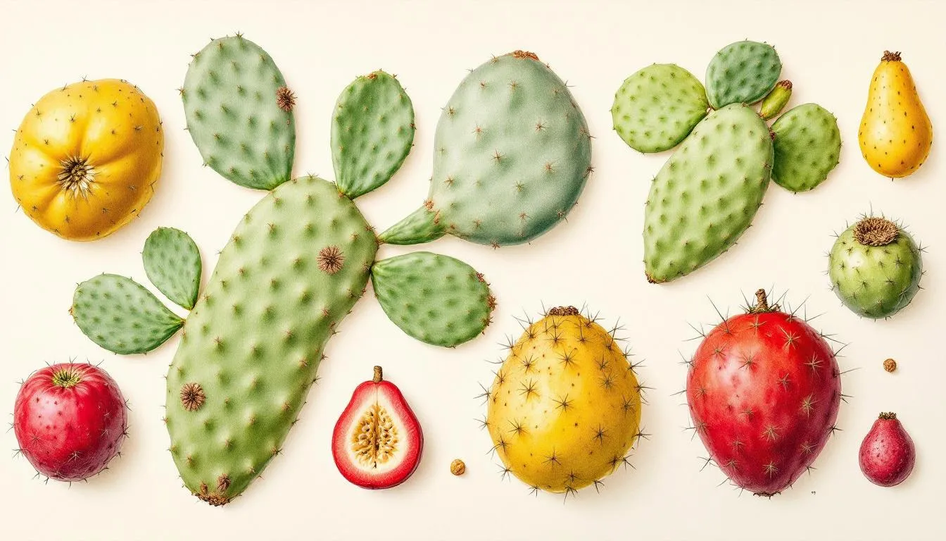 Verschiedene Arten von Opuntia Ficus Indica und ihre Früchte.