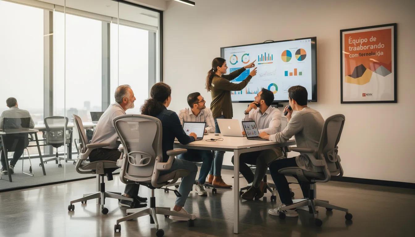 Un equipo de trabajo colabora en una oficina moderna, utilizando diversas tecnologías y herramientas digitales para optimizar sus procesos. En este entorno, se refleja la transformación digital que buscan las pymes para mejorar su estrategia y servicio al cliente.