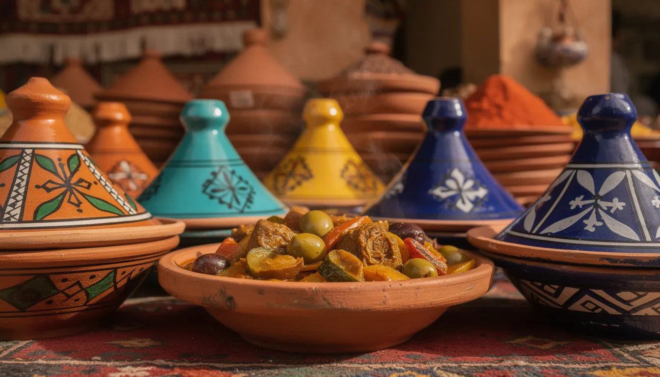 The image features vibrant Moroccan tagine dishes, steaming and beautifully arranged, alongside traditional clay pots, showcasing the rich culinary heritage of Marrakech, Morocco. This colorful display reflects the incredible culture and authentic experiences that visitors can enjoy in this major city, known for its incredible architecture and bustling markets.
