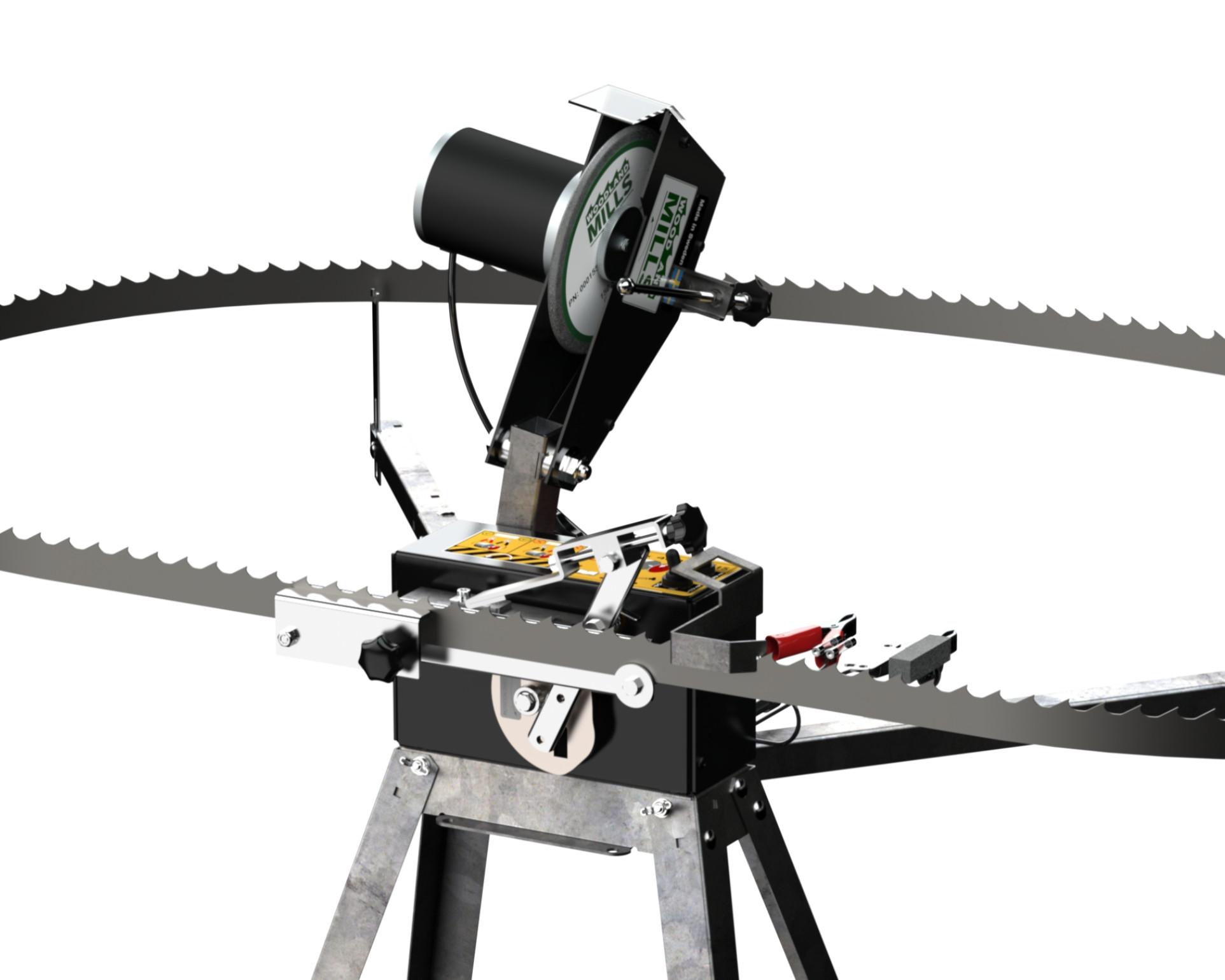 A Woodland Mills RS8 Bandsaw Blade Sharpener lifted up to show the CBN grinding wheel.