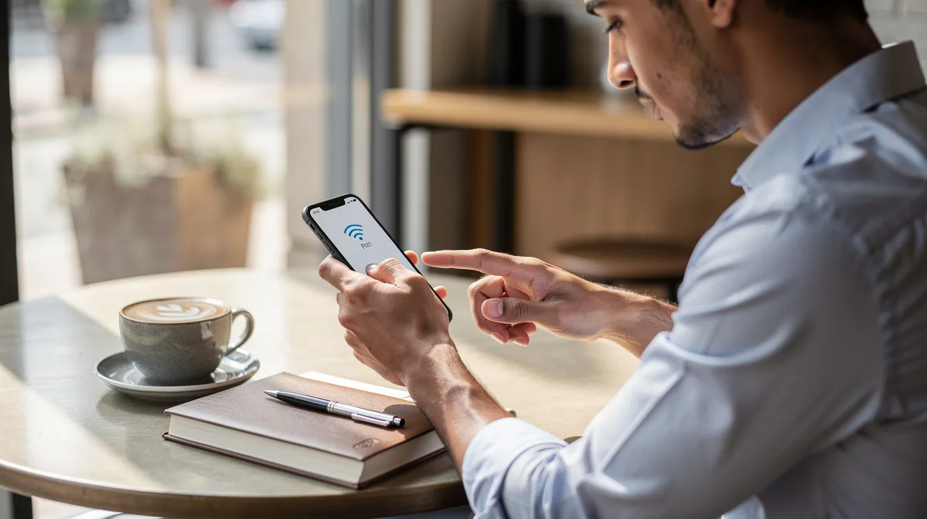 A young professional is seen making a payment on their mobile phone, with a coffee cup and a notebook placed nearby, symbolizing a blend of digital banking and productivity. This scene reflects the convenience of online money transfer services, such as those offered by ICICI Bank, allowing users to transfer money securely and efficiently.