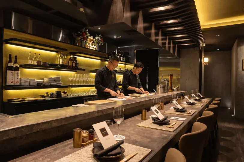 Two chefs preparing food behind a sleek, softly lit counter at an upscale Japanese restaurant inside Cuppage Plaza, with bottles of sake displayed on shelves in the background.
