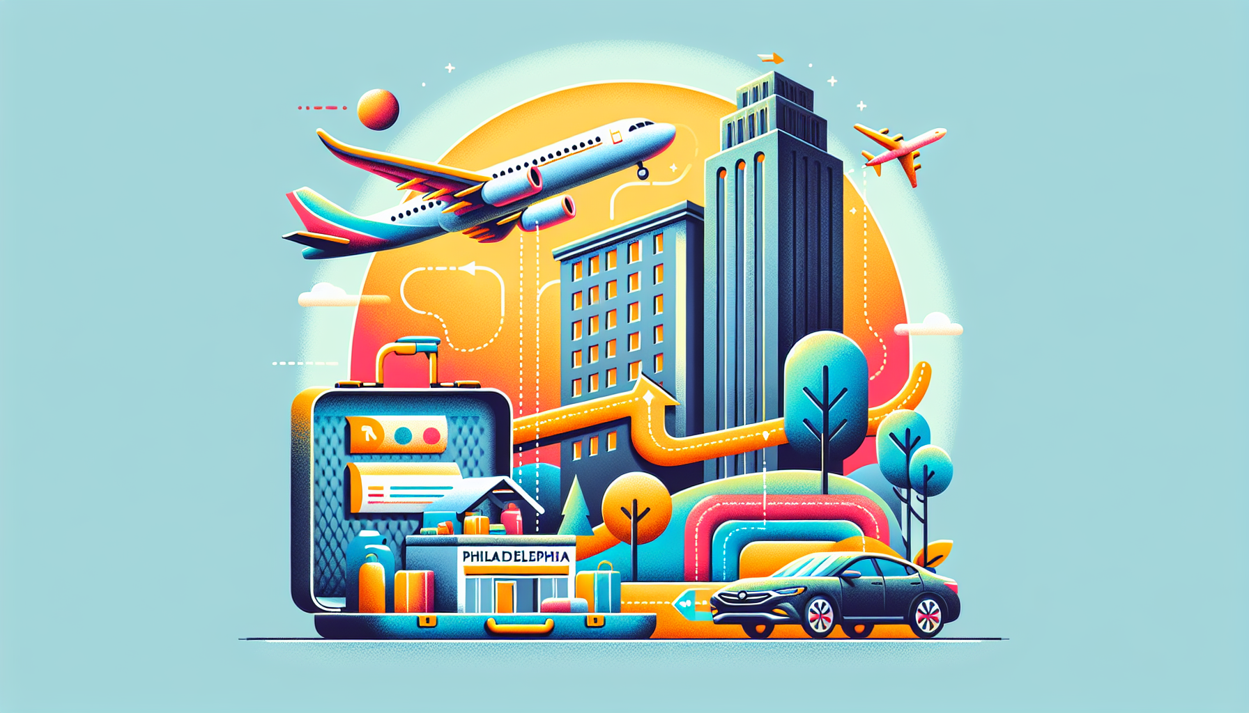 Illustration depicting the combination of flights, hotels, and car rentals for travelers flying from Philadelphia to San Francisco.