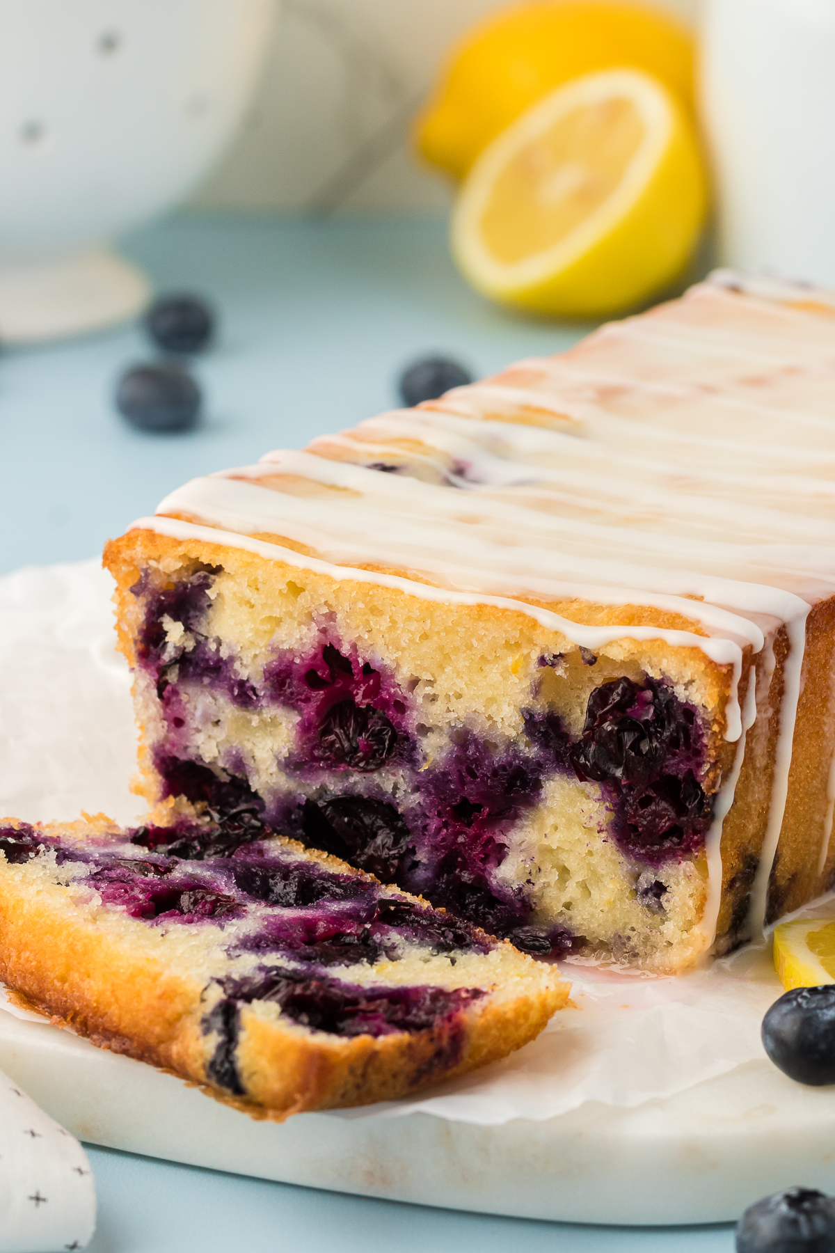 lemon blueberry bread with slice cut