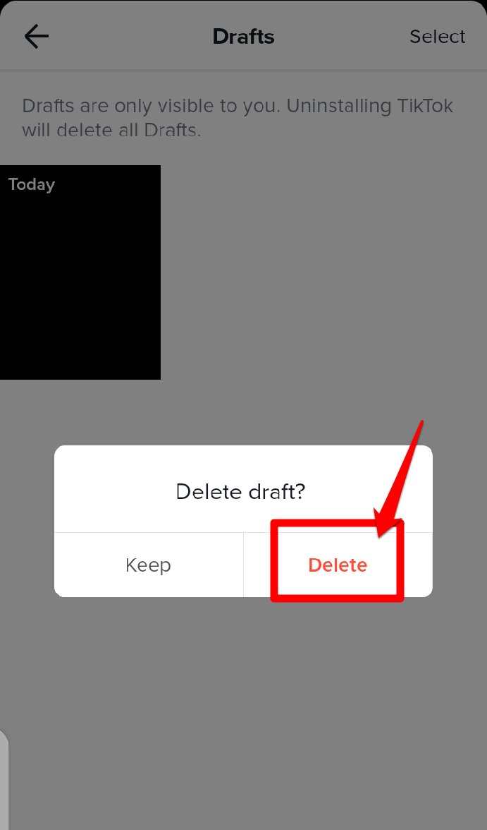 Picture showing the delete option from the confirmation screen on TikTok