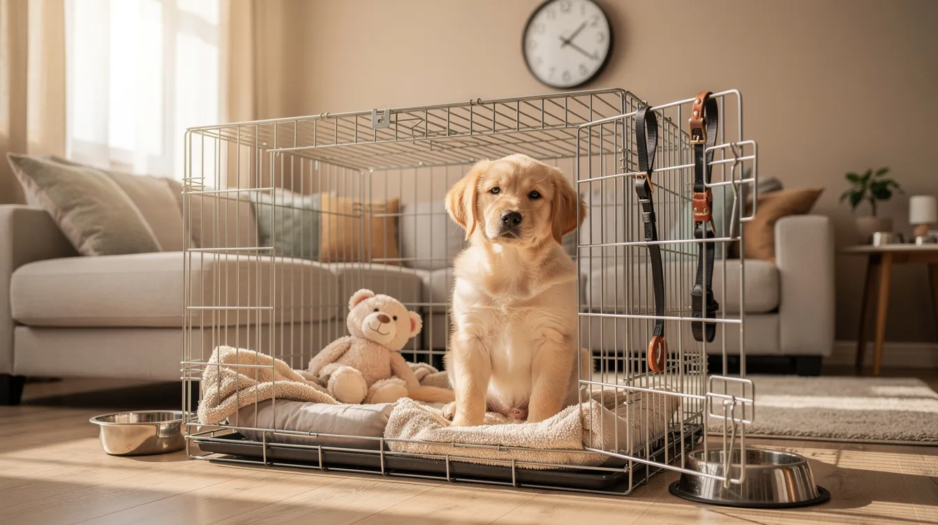 The image depicts a cozy crate designed for a young puppy, featuring a soft bed and a favorite toy inside, symbolizing a safe and comfortable space for crate training. The crate door is slightly ajar, inviting the puppy to explore its new environment while emphasizing the importance of building positive associations during the crate training process.