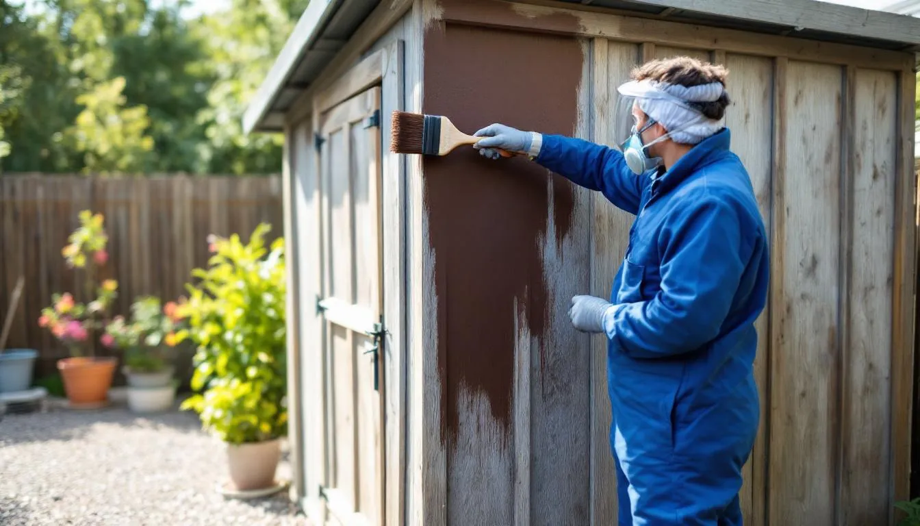 A person in protective gear is applying wood treatment to the exterior of a wooden shed, ensuring reliable protection against weather elements. The scene highlights the importance of regular maintenance for garden sheds, enhancing their durability and longevity in outdoor spaces.