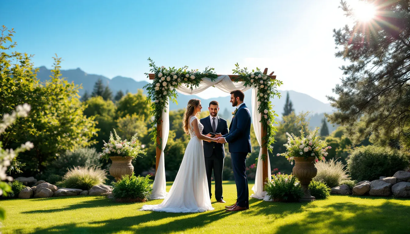 A beautiful garden wedding ceremony set against stunning mountain views, surrounded by natural landscaping that enhances the romantic setting. This intimate wedding venue offers a perfect backdrop for couples celebrating their special day in the heart of Colorado.