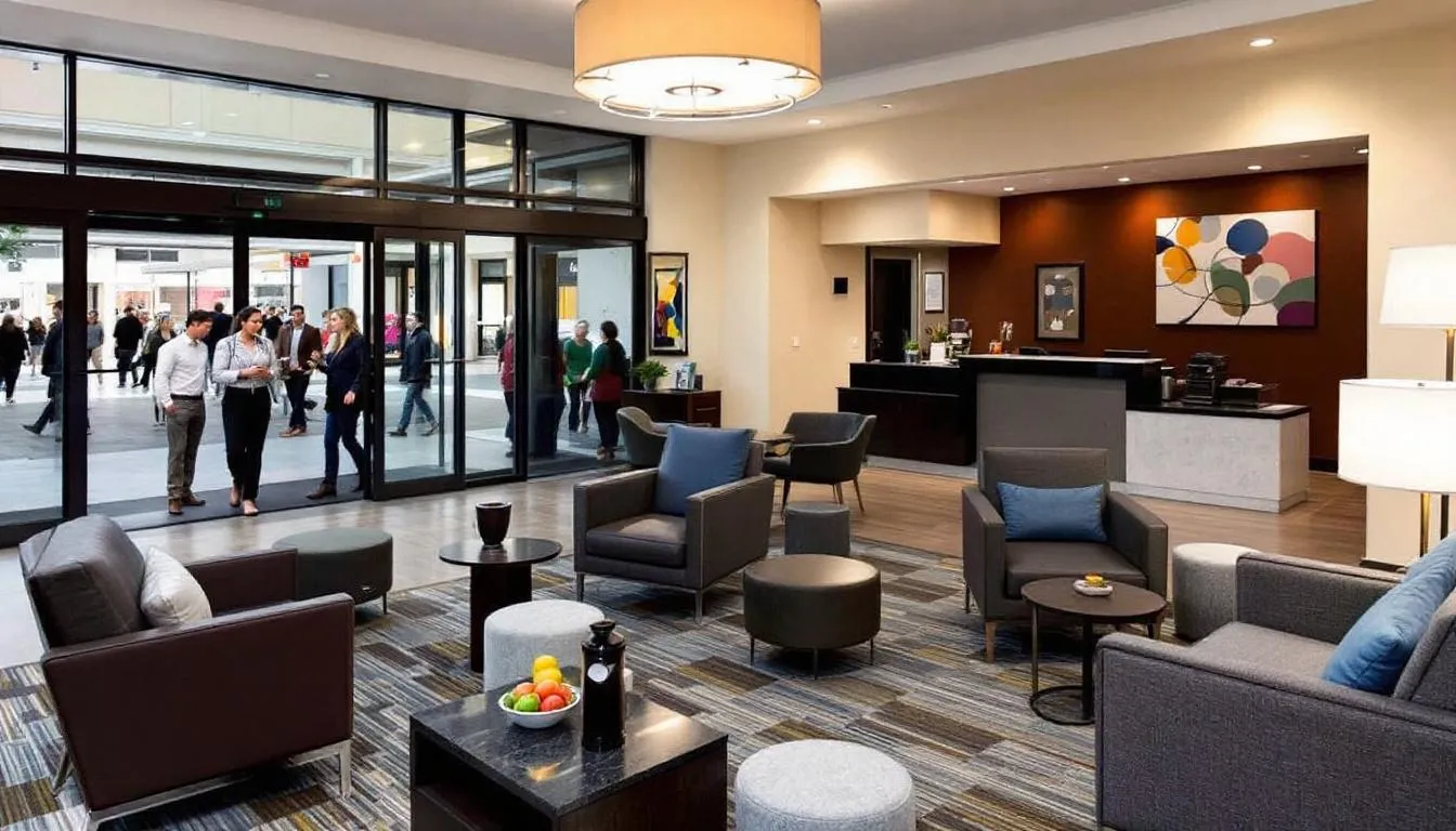 The image showcases a vibrant scene of hotels near Fayette Mall in Lexington, KY, highlighting various accommodations like the Marriott Lexington Fritz Farm and Hilton Lexington Fayette Mall, all conveniently located for shopping and dining. Guests can enjoy creature comforts such as free Wi-Fi and spacious rooms, making it an ideal choice for both leisure and business travelers.