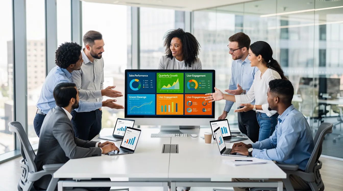 The image depicts a modern office environment where team members are engaged in a discussion, with a large monitor in the background showcasing vibrant performance charts and graphs that reflect their digital marketing strategy. The setting emphasizes collaboration and analysis, highlighting the importance of effective digital marketing tactics in achieving business objectives.