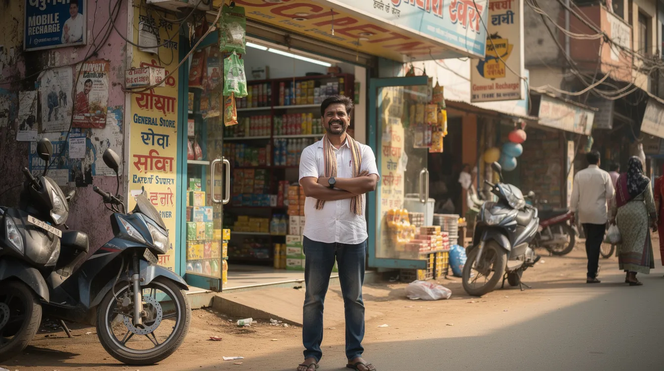 A small business owner stands proudly in front of their retail shop on a bustling Indian street, showcasing their entrepreneurial spirit. The scene reflects the essence of micro enterprises, highlighting the importance of business loans and the mudra loan scheme in supporting local businesses.