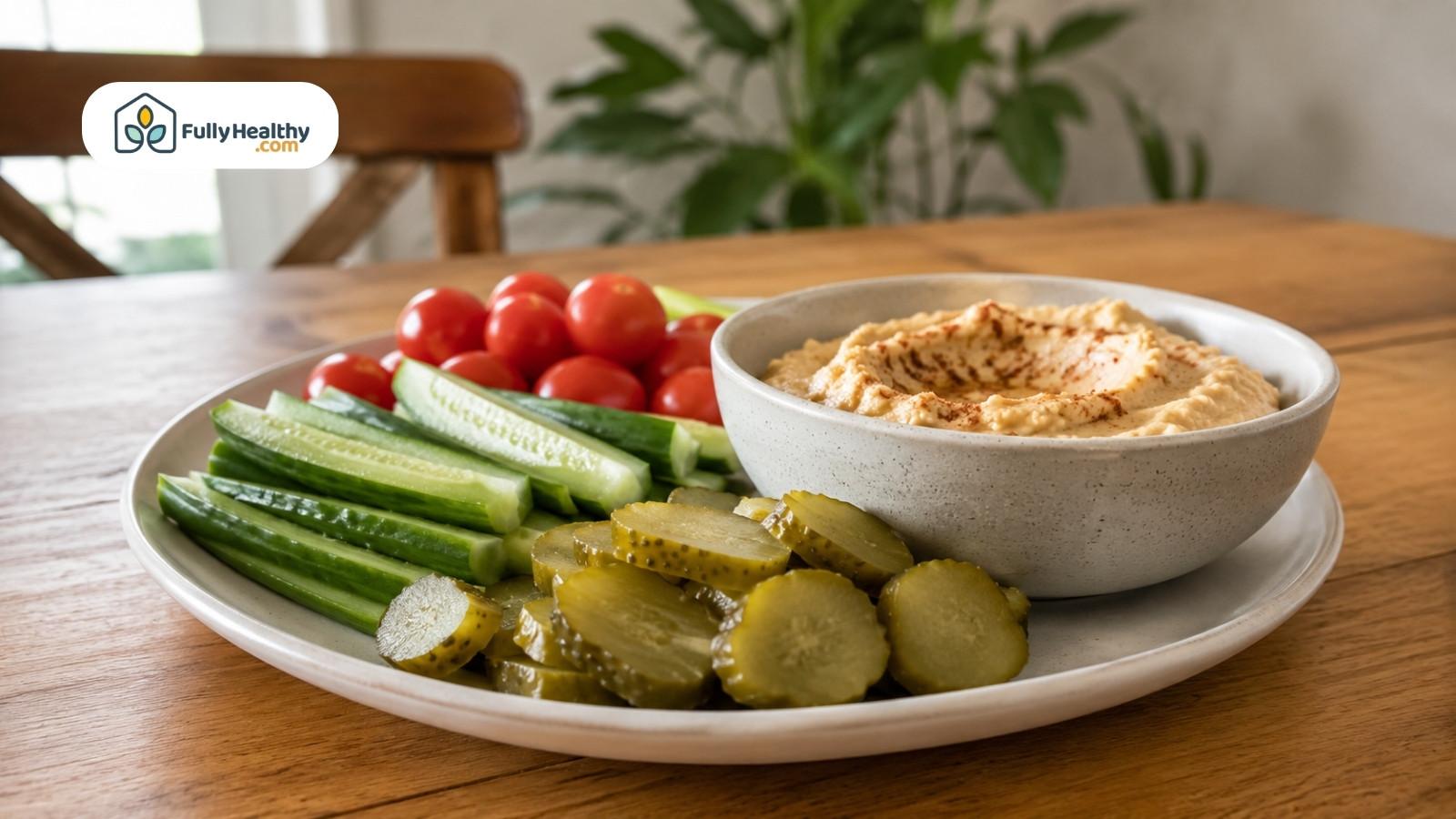 Pickle slices with cucumber sticks, cherry tomatoes, and hummus on a snack plate