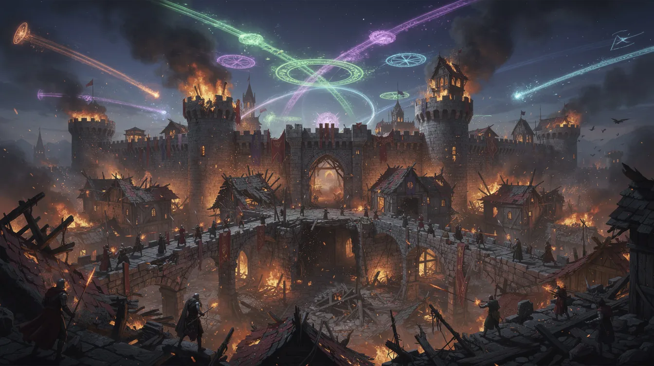 Ein dramatischer Panoramablick zeigt eine große Burg, die in Flammen steht, während bunte Lichtblitze und Zaubersprüche den Nachthimmel erhellen. Kleine Gestalten, die an Harry Potter und seine Freunde erinnern, kämpfen tapfer auf den Brücken und Höfen der zerstörten Festung.