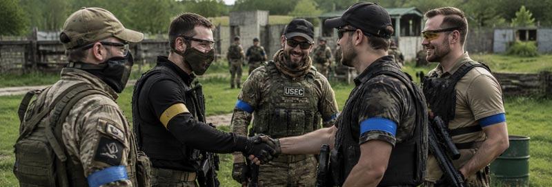 A group of airsoft players is shaking hands and engaging in conversation on a grassy field between game rounds, showcasing camaraderie and sportsmanship in this airsoft game. They are discussing strategies and game rules, emphasizing fair play as they prepare for the next round of their team battle.