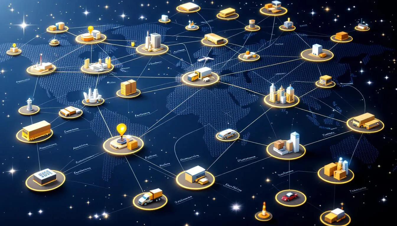 The image depicts a global supply chain visualization, showcasing interconnected networks of manufacturing and distribution that highlight the flow of electronic components within the electronics manufacturing services industry. This intricate diagram emphasizes the relationships between various players, including original equipment manufacturers and EMS providers, illustrating the complexity of the electronics value chain.