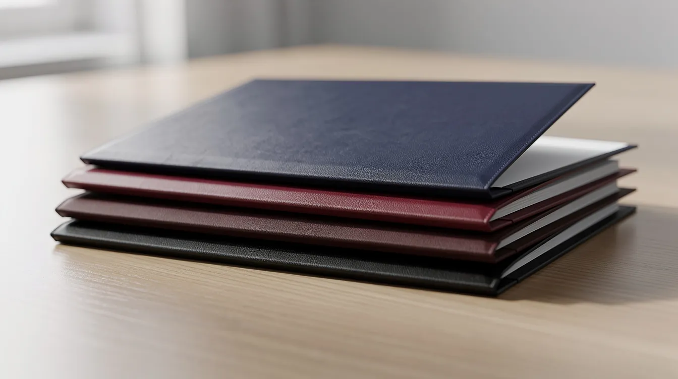A stack of custom certificate covers in professional colors such as navy, burgundy, and black is neatly arranged on a wooden desk, showcasing various options for presenting awards and recognizing success. These certificate holders are designed to protect and personalize important documents.