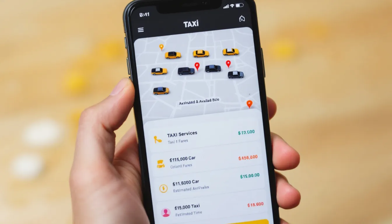 A mobile phone screen shows a taxi booking app featuring price comparisons for rides from Amsterdam Airport Schiphol to the city centre, along with available vehicles and their corresponding fares. The app provides users with convenient options to arrange their trip, highlighting fixed prices and details on traffic conditions.