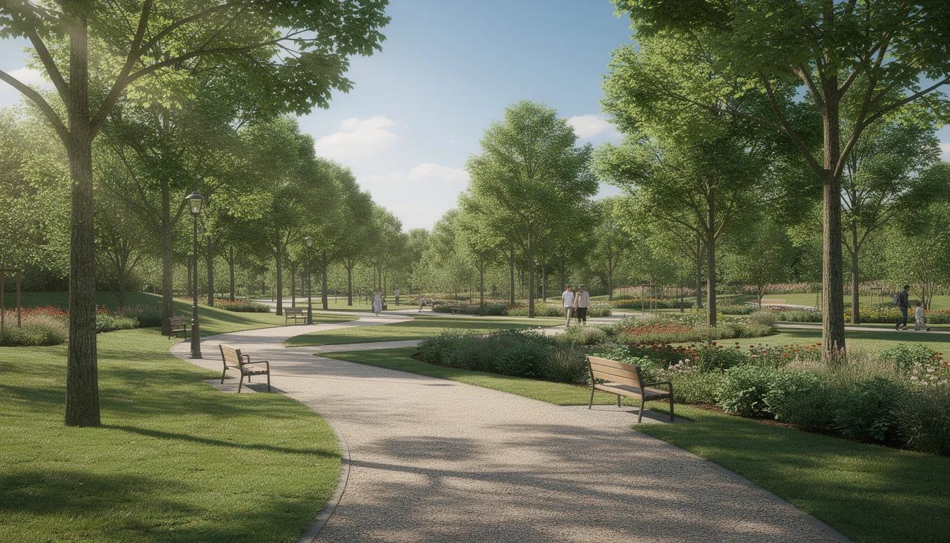 W słoneczny dzień w zielonym parku z alejkami spacerowymi widać liściaste drzewa, które tworzą przyjemny cień. To malownicza część Warszawy, idealna dla osób szukających cichych mieszkań na Żoliborzu, gdzie można odpocząć na świeżym powietrzu.