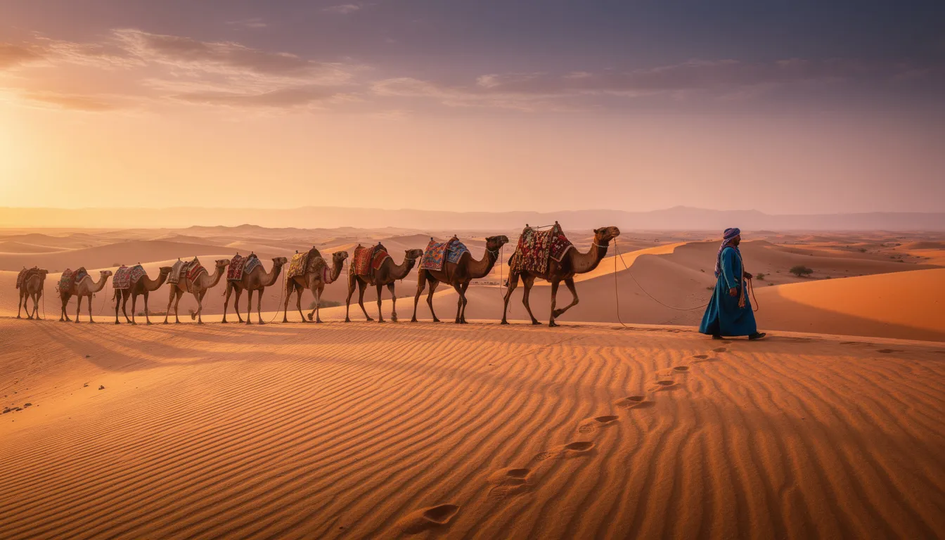 A camel caravan traverses the golden sand dunes of the Sahara Desert at sunset, casting long shadows against the vibrant colors of the sky. This picturesque scene captures the essence of Morocco's rich culture and stunning landscapes, inviting travelers to explore Morocco with various holiday packages.