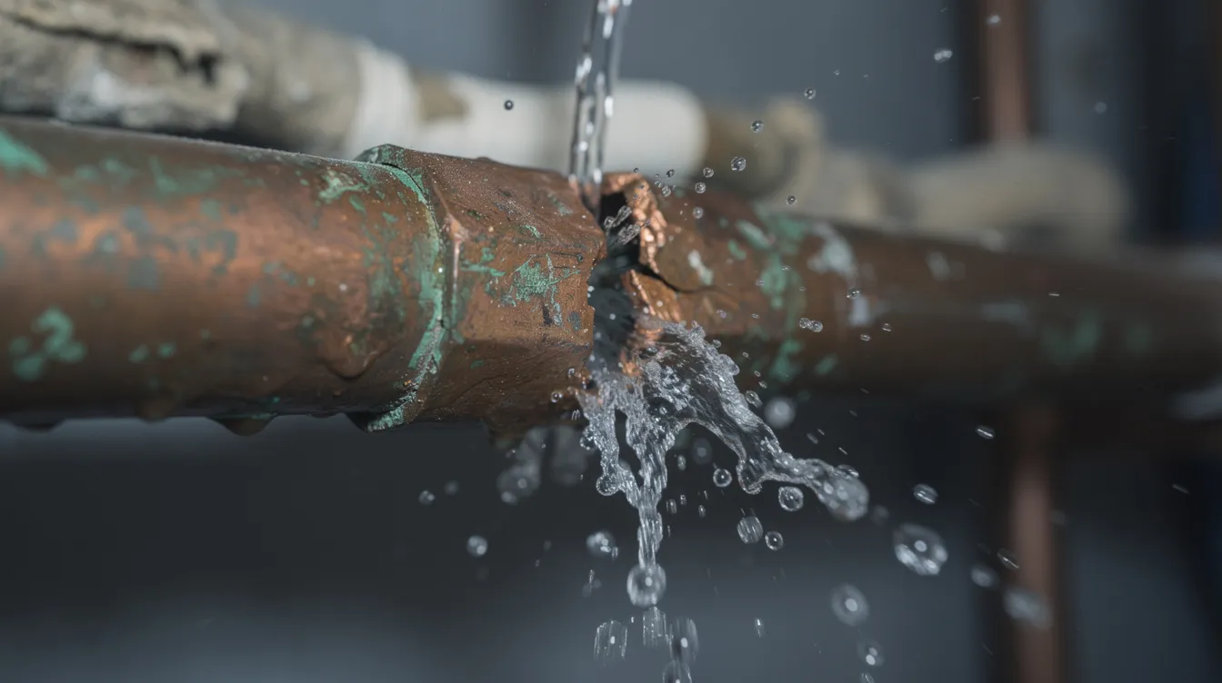 A close-up image shows water spraying from a small crack in a green-patina copper pipe, highlighting a plumbing emergency that requires immediate attention. This situation represents a potential plumbing issue that could lead to significant water damage if not addressed by a 24-hour emergency plumbing service.