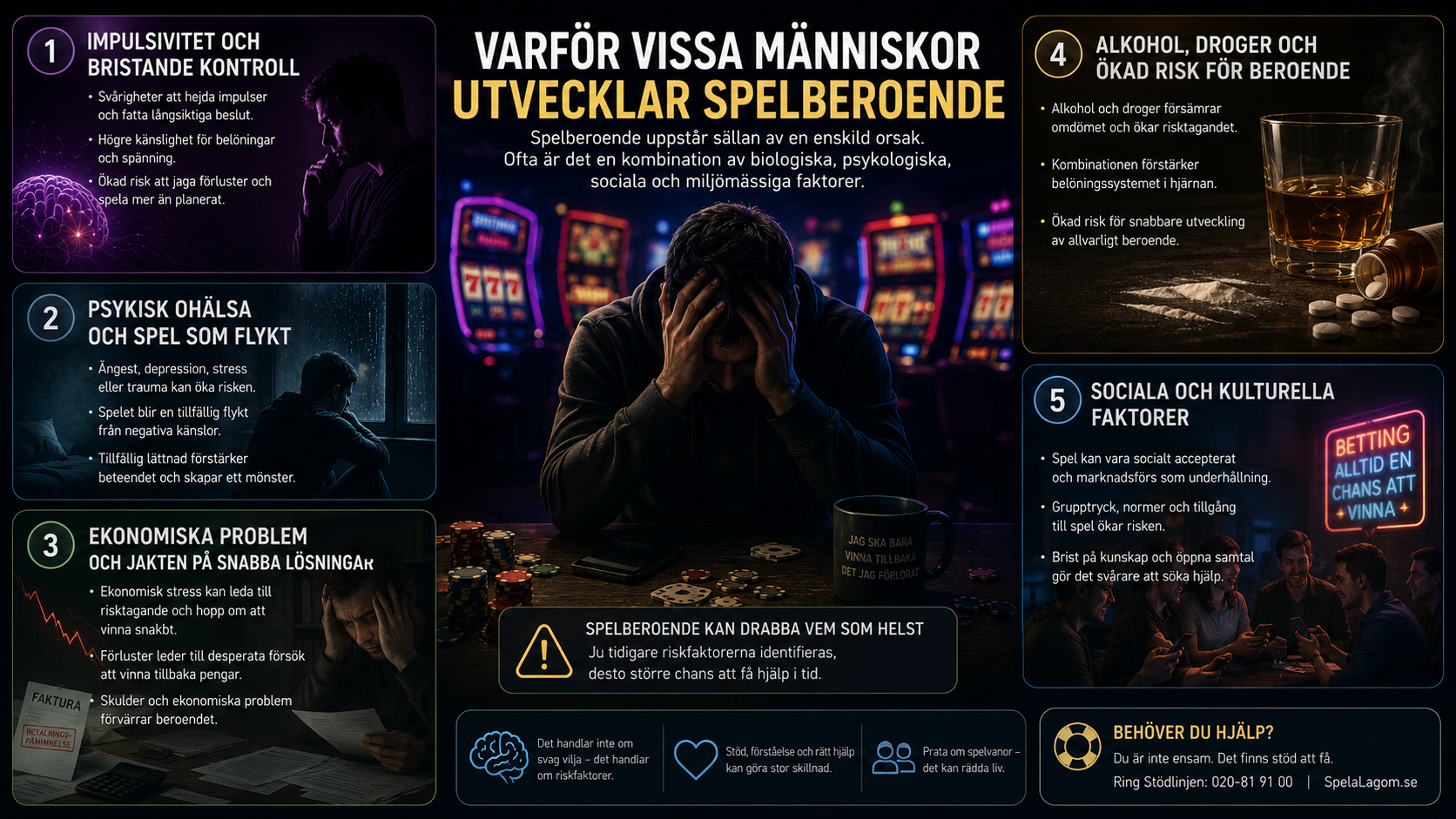 Infografik om riskfaktorer bakom spelberoende, inklusive impulsivitet, psykisk ohälsa, ekonomiska problem och social påverkan.