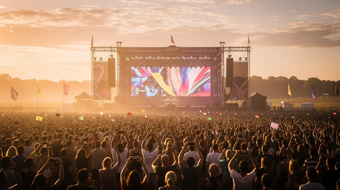 A wide shot captures a vibrant crowd at an outdoor festival, gathered in an open field as they enjoy a large outdoor LED screen displaying dynamic visuals against a stunning sunset backdrop. The scene highlights the importance of high brightness and excellent visibility for outdoor LED displays, ensuring that attendees can clearly see the content even in the fading light.