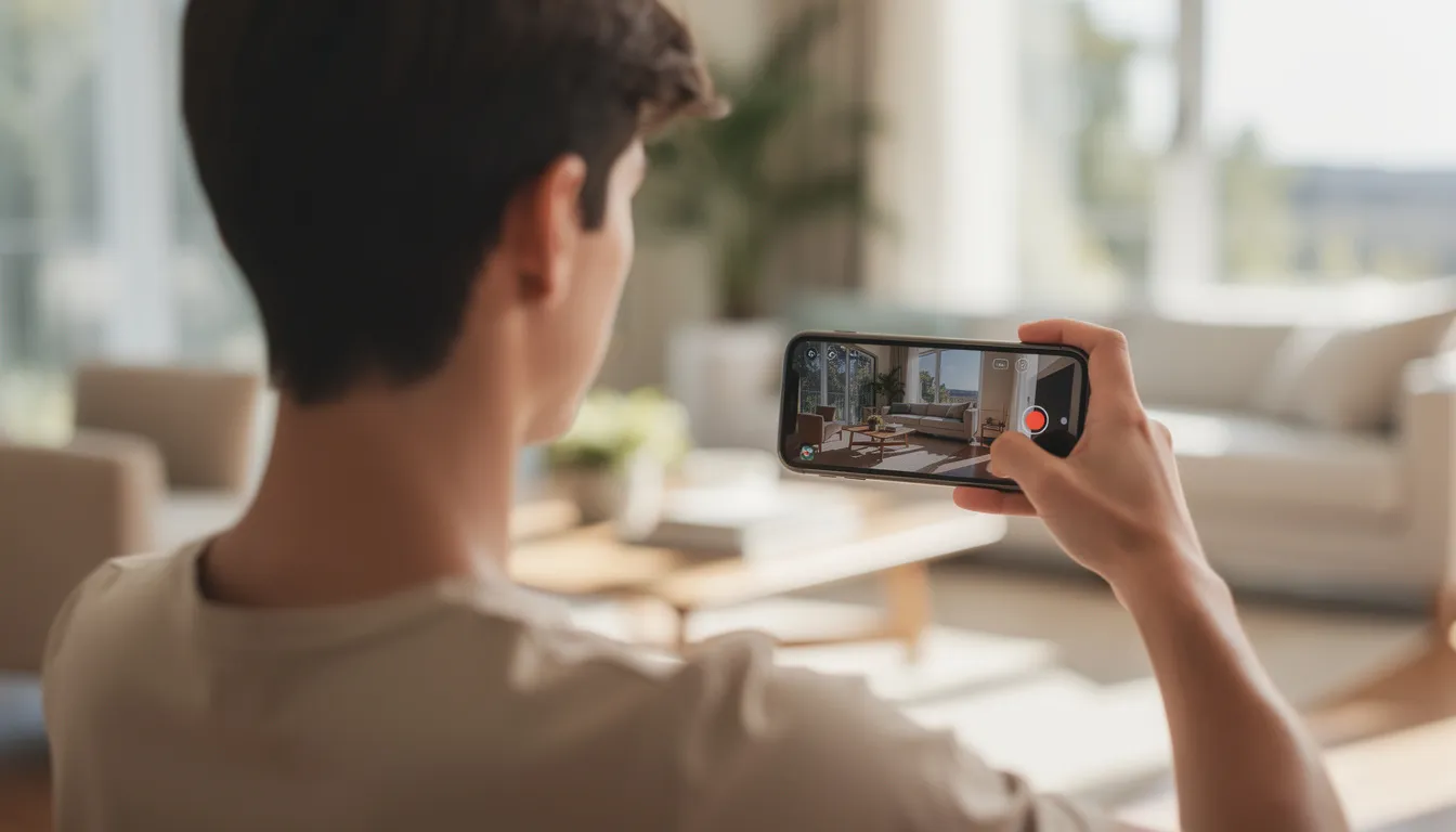 A person is filming a property walkthrough with a smartphone, capturing video content for social media marketing aimed at real estate investors and agents. This digital marketing strategy helps promote properties and engage potential buyers through platforms like Instagram and other social media sites.
