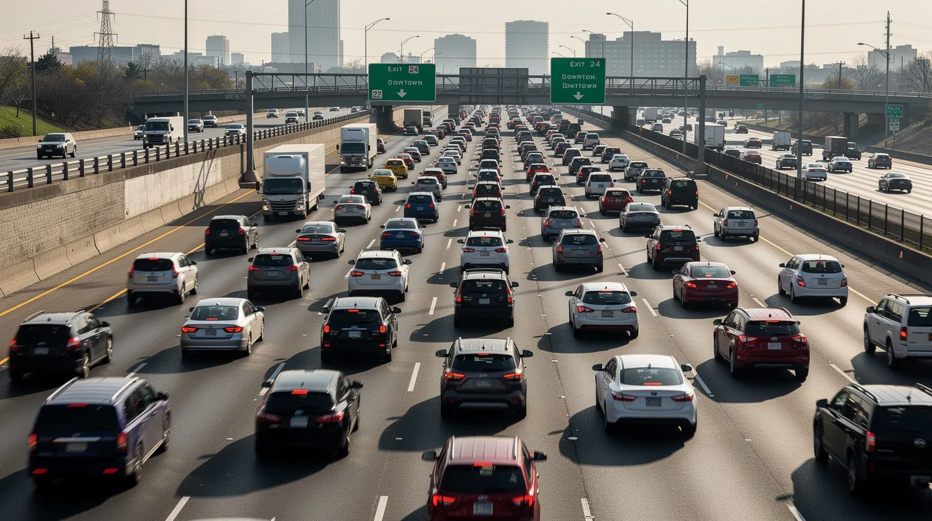 The image depicts a busy highway filled with multiple cars in traffic, illustrating common locations for car accidents. This scene highlights the potential for car accident claims and the various challenges individuals may face, such as navigating the settlement process with insurance companies.