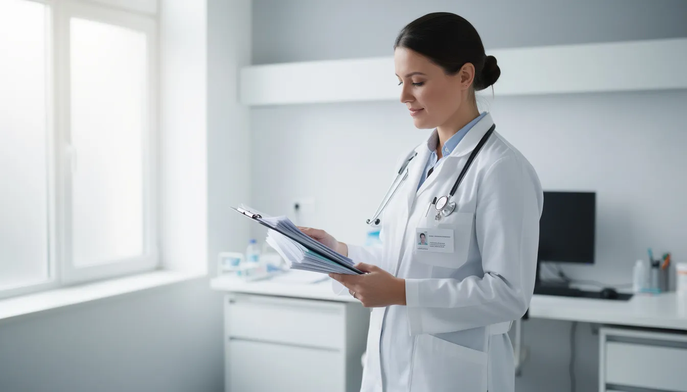 A medical professional in a white coat is seen reviewing documents in a clinical setting, likely evaluating data from clinical trials related to nmn supplements and their potential benefits for health, including increased insulin sensitivity and effects on age-related diseases. The atmosphere is focused and professional, emphasizing the importance of research in understanding the efficacy and safety of these supplements.