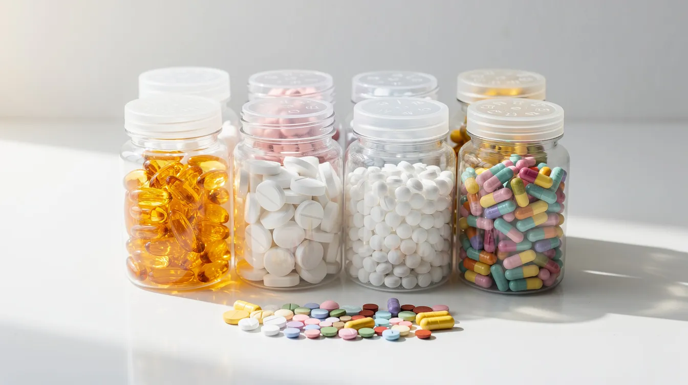 The image depicts a neatly arranged collection of supplement containers, featuring various capsules and pills on a clean surface, representing David Sinclair&rsquo;s supplement regimen aimed at promoting cellular health and supporting longevity. This organized display highlights the potential anti-aging benefits and overall health advantages associated with supplements that may improve insulin sensitivity and aid in maintaining muscle mass.