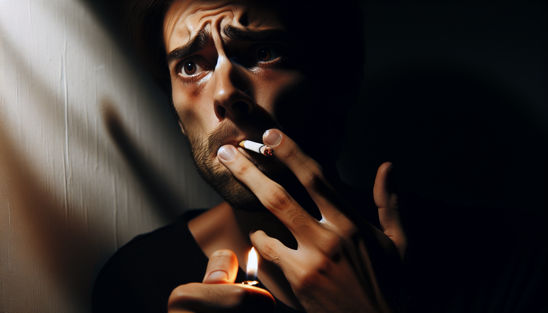 A person holding a cigarette with a concerned expression