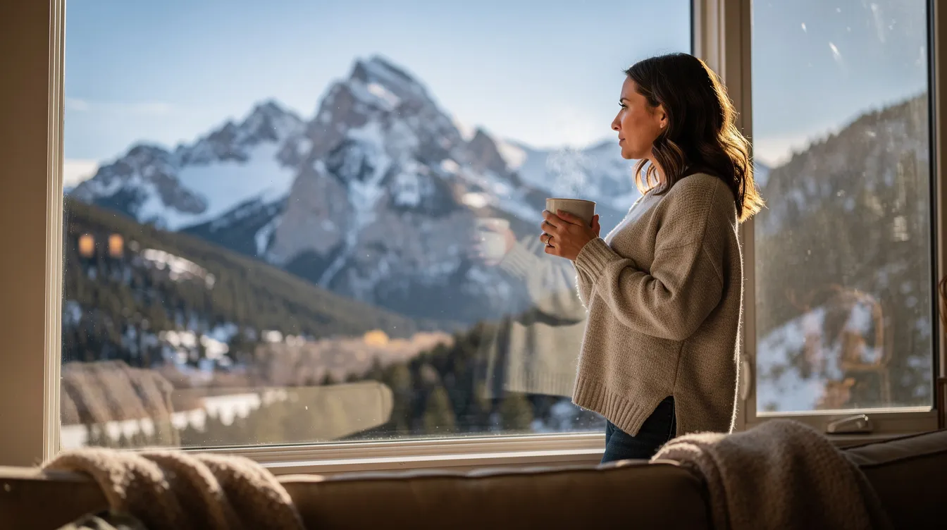 A woman gazes out a window at the majestic Colorado mountains, cradling a warm mug in her hands. This serene moment captures the essence of a new mother reflecting on her emotional journey, which may include experiencing postpartum depression or the baby blues during the postpartum period.