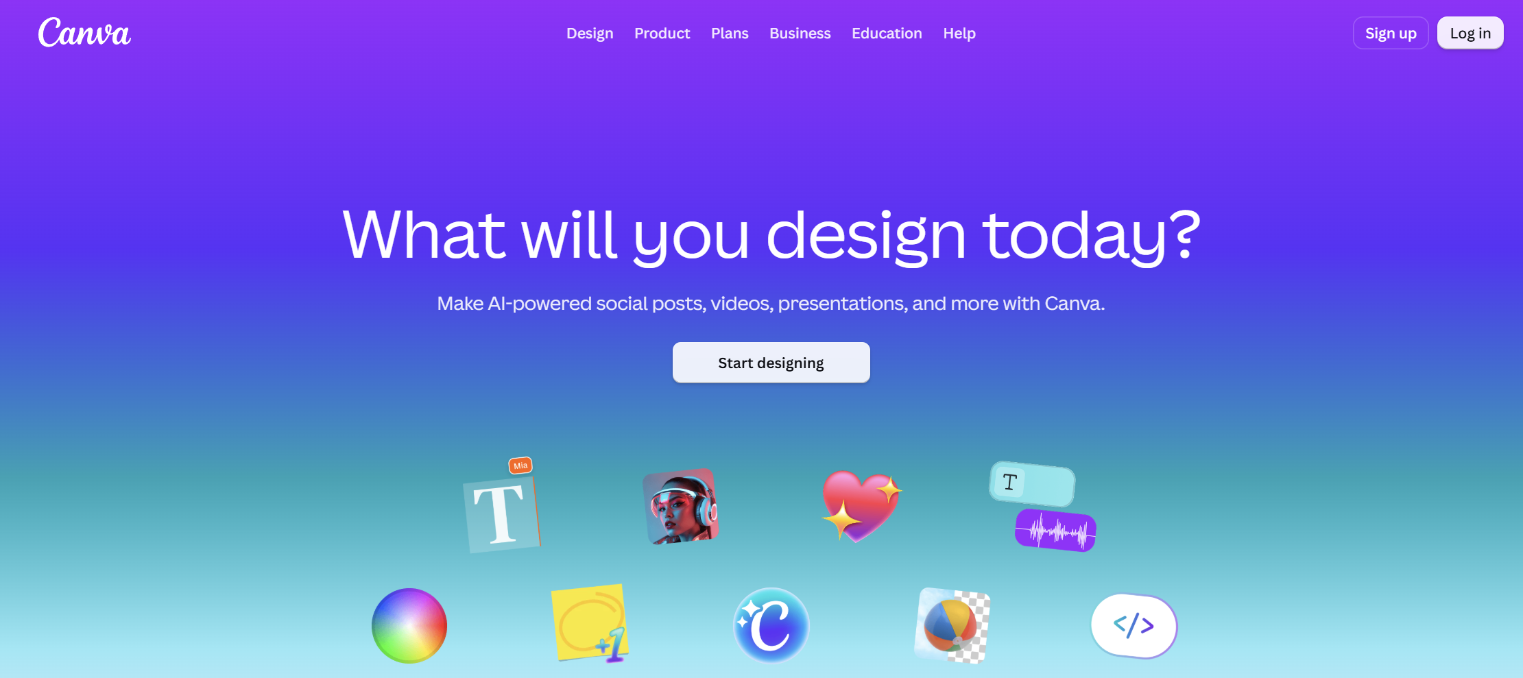 Canva homepage promoting AI-powered design tools for creating social posts, videos, presentations, and other visual content.