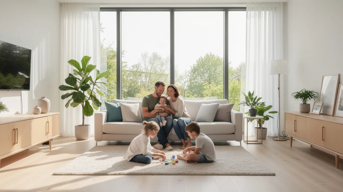 Billedet viser en familie, der nyder tid sammen i et lyst og moderne hjem med store vinduer, der giver en frisk atmosfære. Hjemmet er udstyret med et genvex ventilationsanlæg, som sikrer et sundt og behageligt indeklima ved at genbruge varmen og give balanceret ventilation.