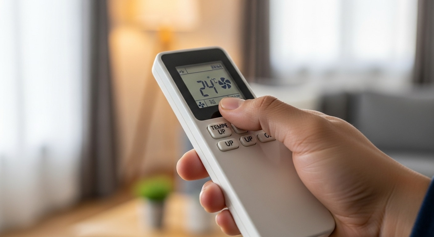 En hand som kontrollerar innomhusklimatet via en fjärrkontroll till din luftkonditioneringen