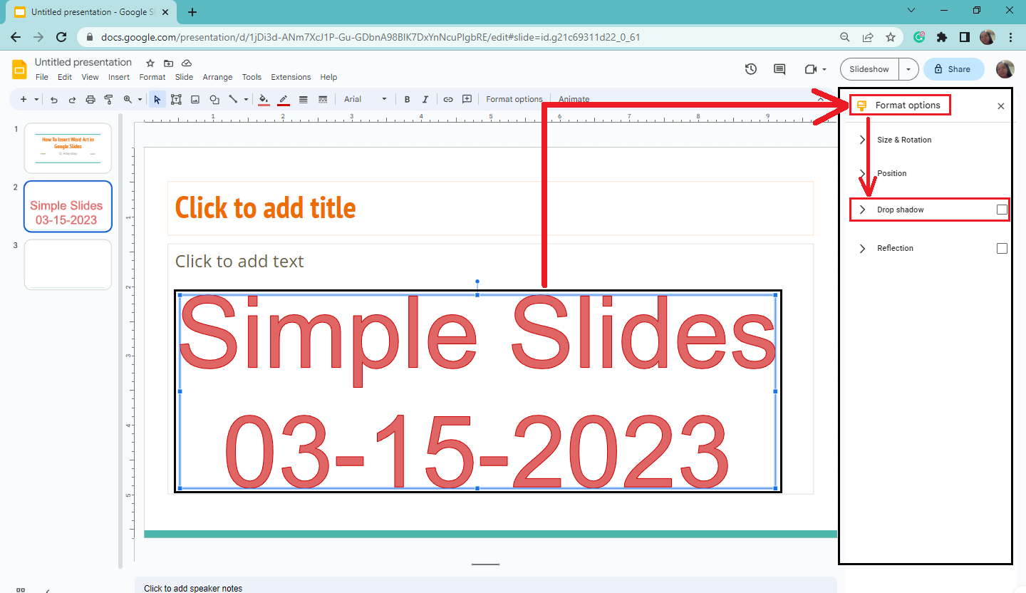 Once the format option appear at the right side of your Google Slides, navigate "Drop Shadow."