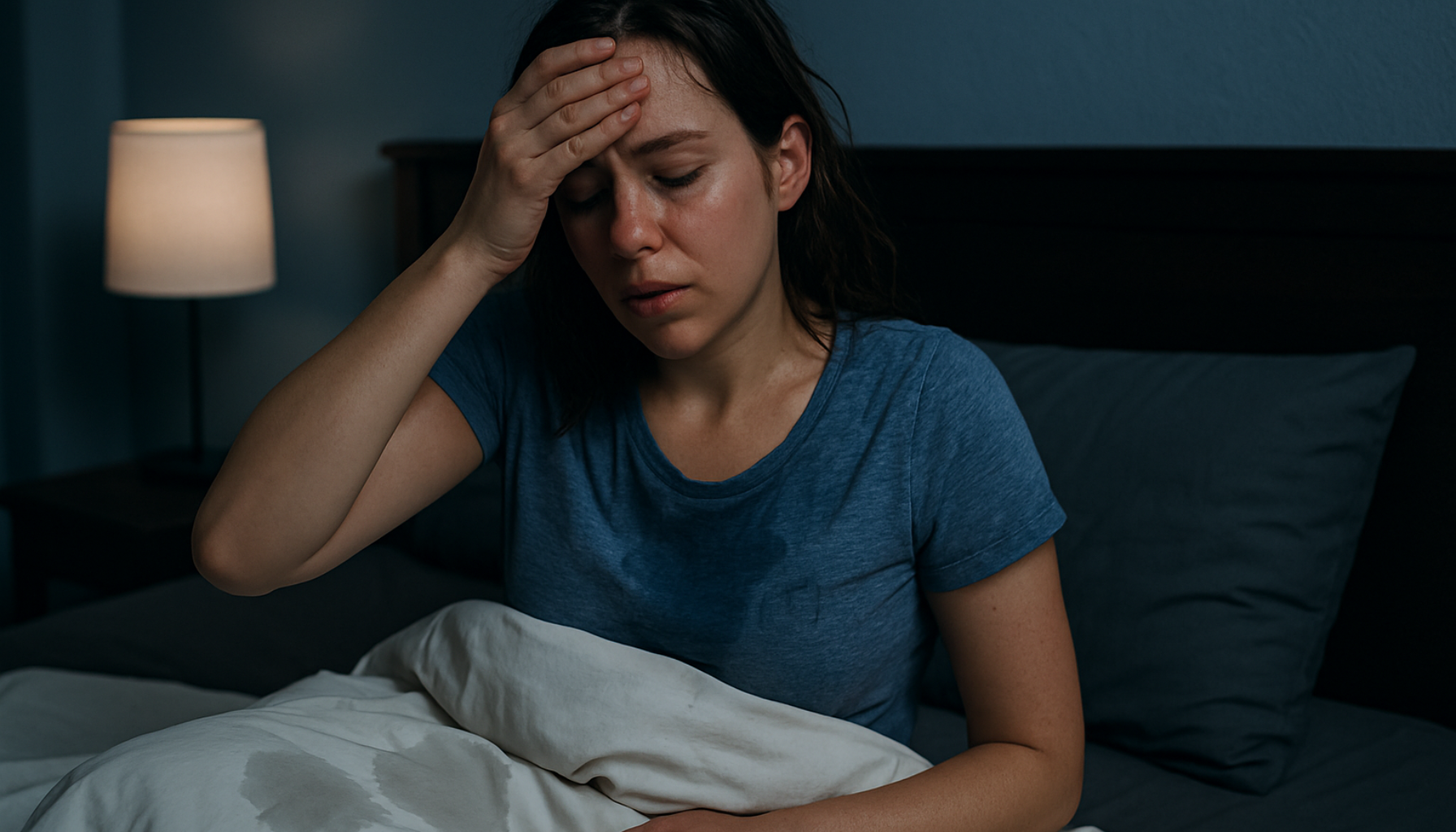 Kvinne våkner opp svett i sengen, med fuktige klær og dyne, og holder seg til hodet i ubehag under nattlige svettetokter.
