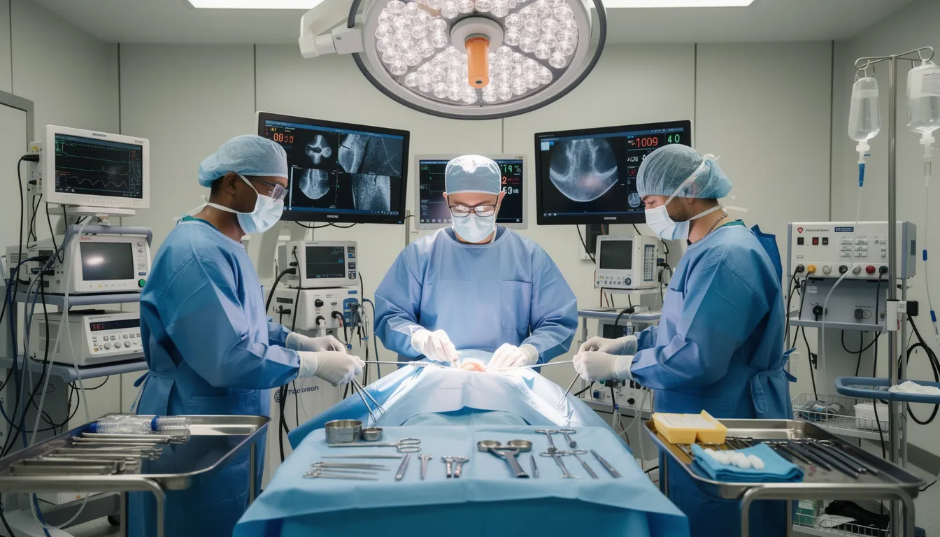 The image depicts a surgical team in an operating room, focused on performing a procedure with various monitors and medical equipment surrounding them. This scene highlights the critical environment where medical professionals work, emphasizing the importance of avoiding surgical errors and ensuring proper medical care to prevent medical malpractice claims.