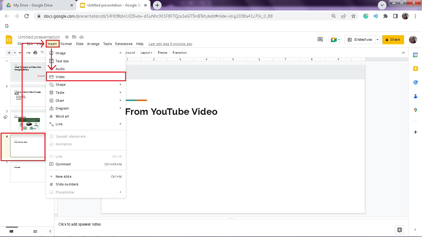 Click the particular Google Slide where you want to put a video, select "Insert" tab then choose "Video"