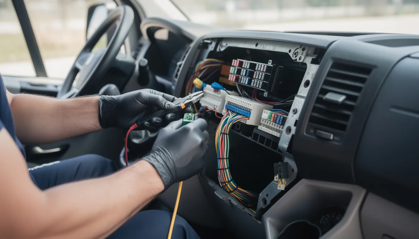 A technician's hands are seen working inside a commercial van dashboard, using wiring tools to install a telematics device. This professional installation process involves connecting the telematics hardware to the vehicle's electrical system, enabling fleet managers to monitor vehicle performance and driving habits for improved operational efficiency.
