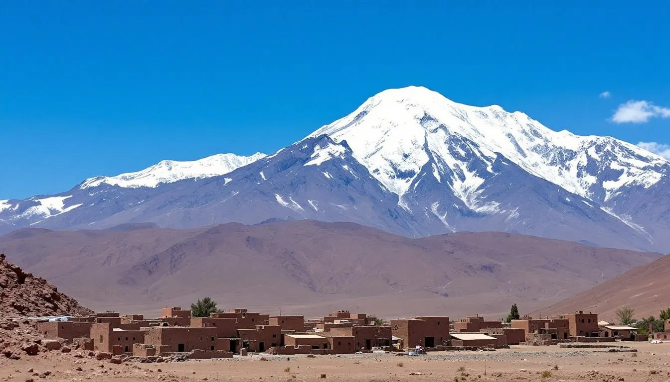 The image depicts the snow-capped peak of Mount Toubkal towering over a small Berber village nestled in the High Atlas Mountains of Morocco. This picturesque scene showcases the contrast between the snowy conditions of the mountainous region and the warm climate of the nearby Sahara Desert, inviting many travelers to explore the beauty of winter sports in this unique destination.