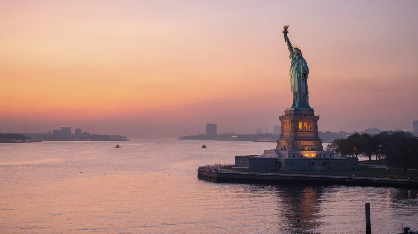 The image features the iconic Statue of Liberty silhouetted against a vibrant sunset, with a serene harbor in the background reflecting the warm colors of the sky. This scene captures a moment of tranquility, contrasting with discussions around gun laws and firearm ownership that are prevalent in today's society.