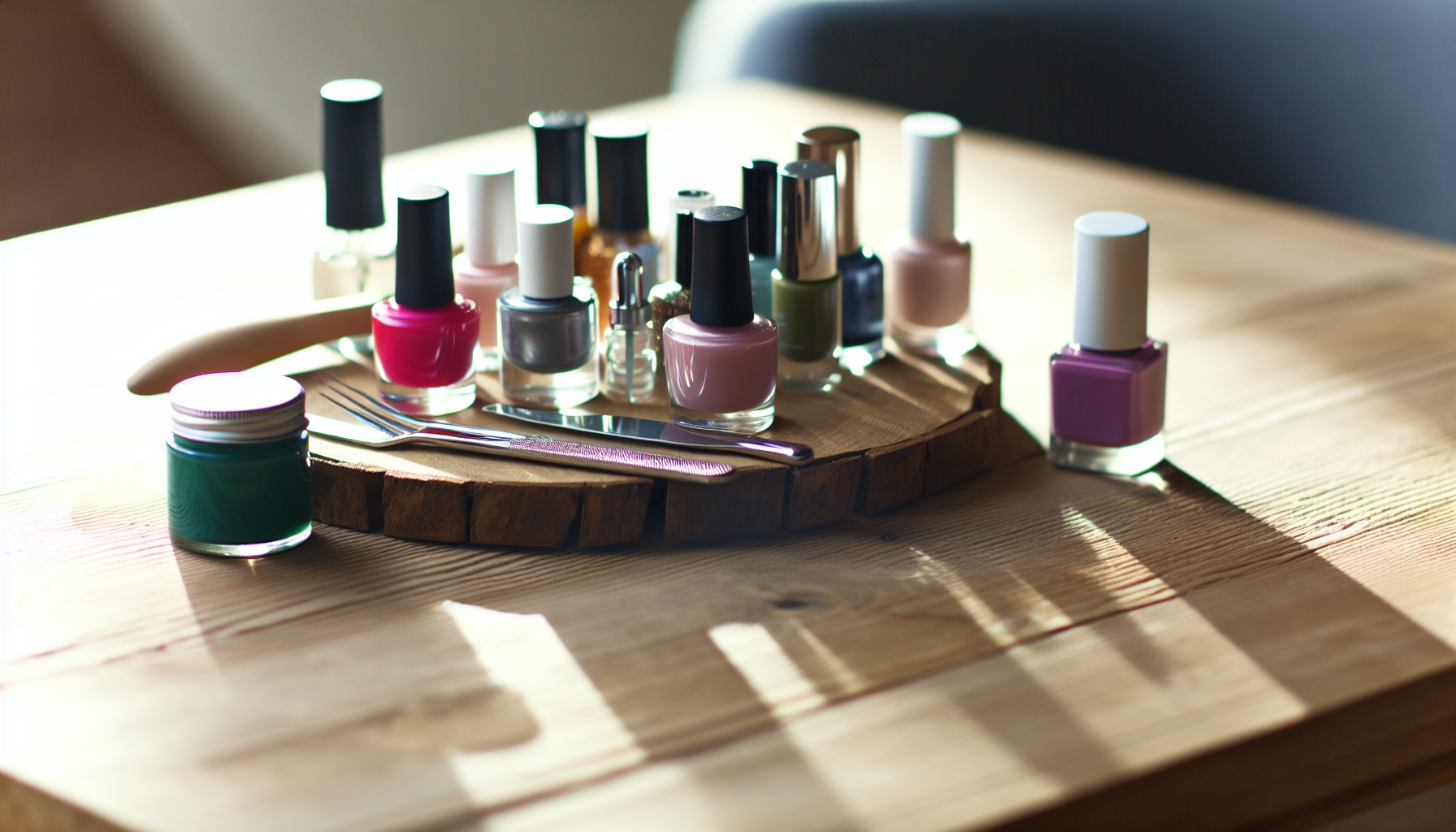 Organic nail care products on a wooden table