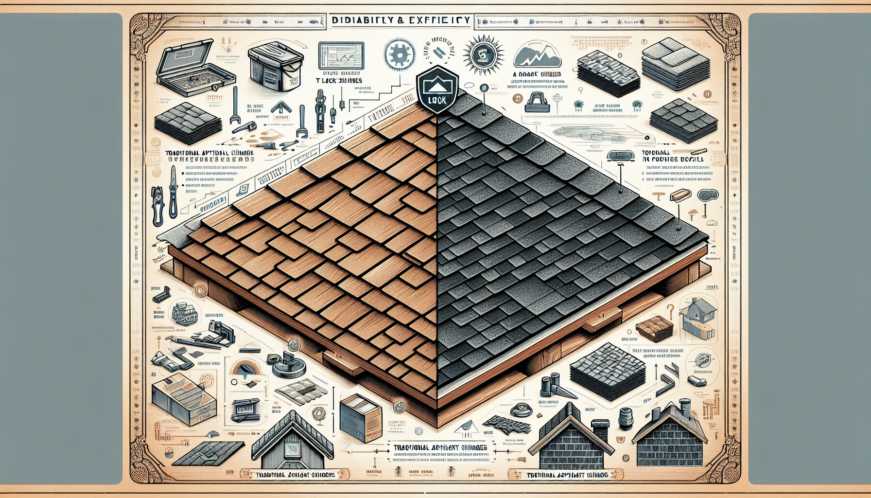 An illustration comparing t lock shingles and asphalt shingles.