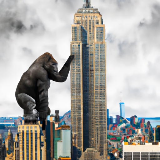 giant gorilla climbing on top of empire state building